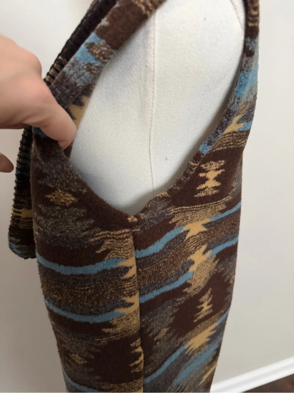 Vintage Mazmania Vest Fleece Long Coat Western Aztec Cowboy Rodeo Brown Blue USA